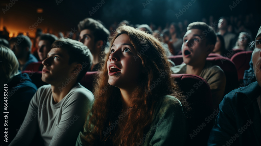 A large, cheering audience in a movie theater watches a heartwarming comedy A large, cheering audience in a movie theater watches a heartwarming comedy
