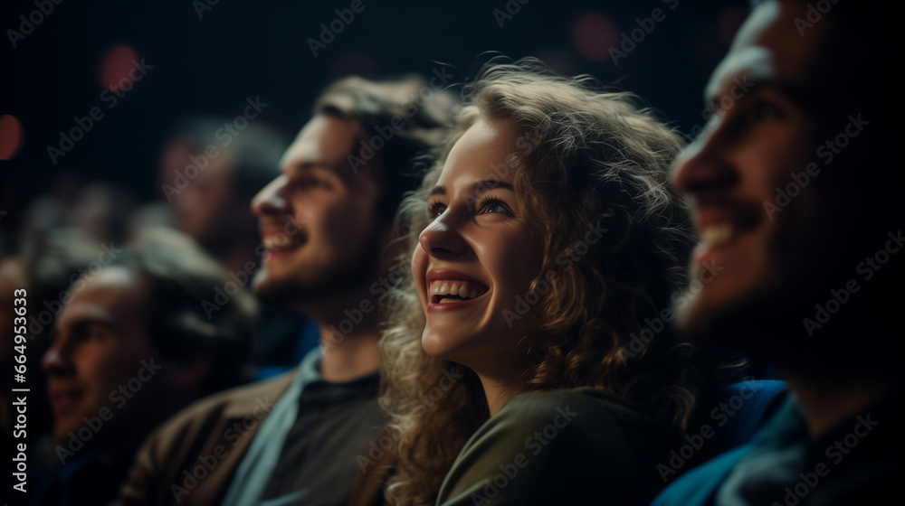 A large, cheering audience in a movie theater watches a heartwarming comedy