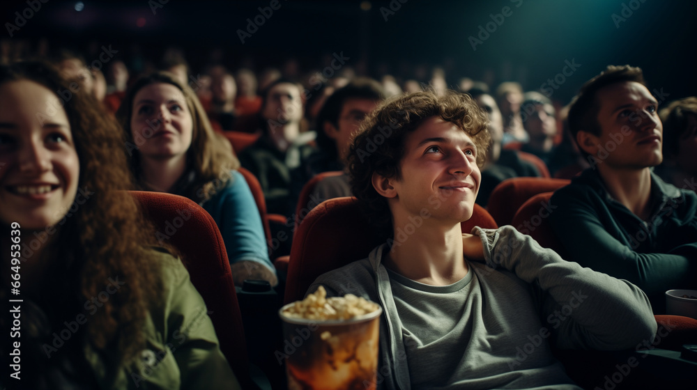 A large, cheering audience in a movie theater watches a heartwarming comedy
