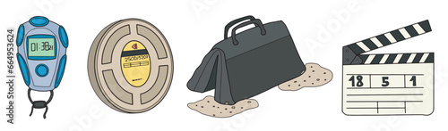 hand drawn vector filmmaking set with director's clapperboard, filmstrip, stopwatch and sandbag. Ideal for film, media, TV and entertainment designs