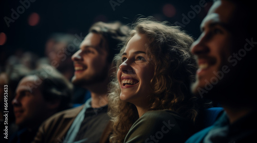 A large, cheering audience in a movie theater watches a heartwarming comedy photo