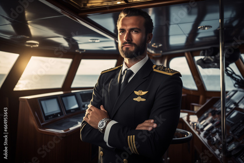 The confident captain on the bridge of the ship scanned the calm sea photo