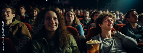 A large, cheering audience in a movie theater watches a heartwarming comedy