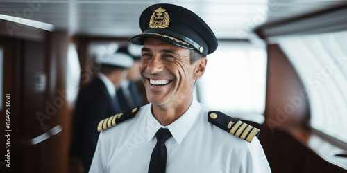 The jovial captain of the luxury yacht greets passengers with a warm smile