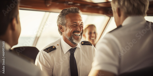 Fotografiet The jovial captain of the luxury yacht greets passengers with a warm smile