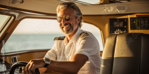 The jovial captain of the luxury yacht greets passengers with a warm smile photo