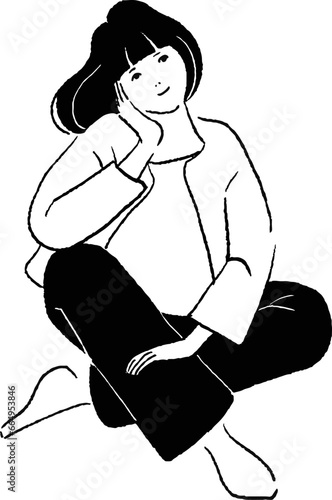 胡坐をかいている女性の線画ベクターイラスト