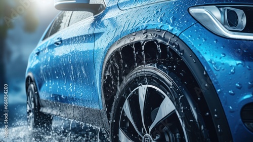 A blue compact SUV with a sporty, modern design is being washed with water, illustrating the concept of car care services. © sopiangraphics