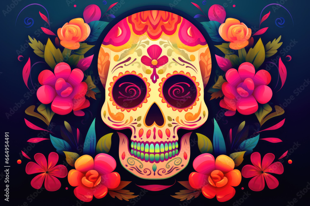 Vibrant Day Of The Dead (Dia De Los Muertos) La Calavera Skull And Flowers Flat Cartoon Illustration. Ai Generated Vibrant Day Of The Dead (Dia De Los Muertos) La Calavera Skull And Flowers Flat Cartoon Illustration. Ai Generated