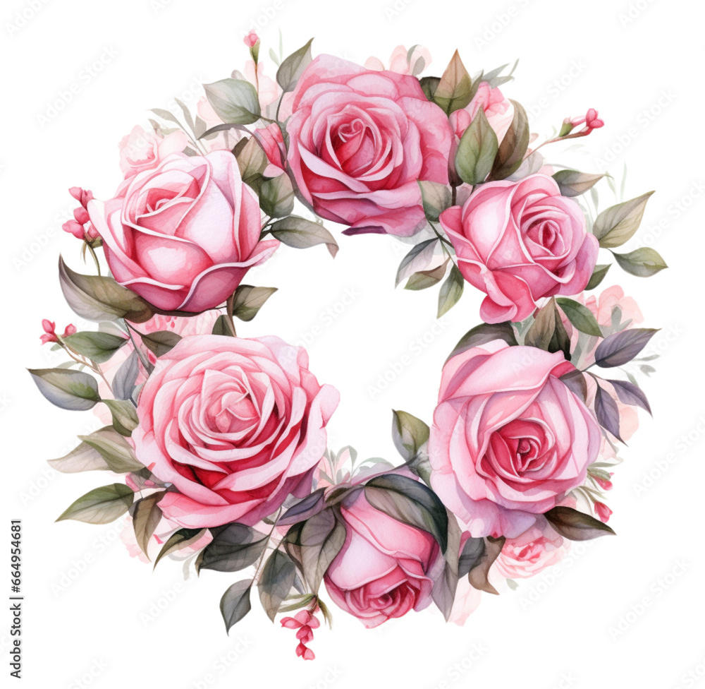 Watercolor pink wreath of flowers. Generative AI, png image.