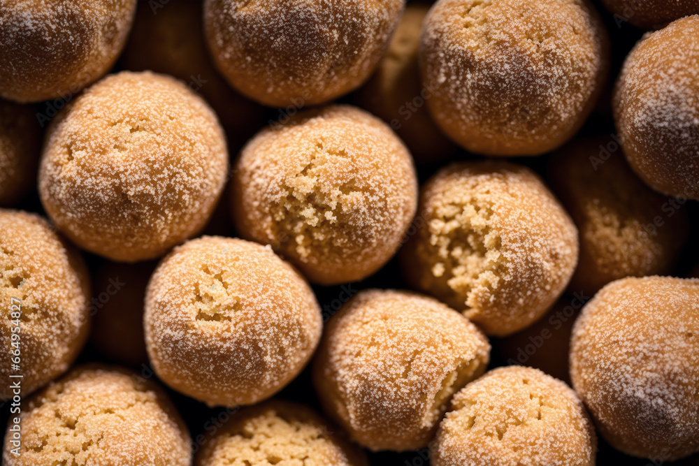 Sweet amaretto cookies in the shape of a ball sprinkled with powdered sugar on a wooden background. Generative AI Sweet amaretto cookies in the shape of a ball sprinkled with powdered sugar on a wooden background. Generative AI