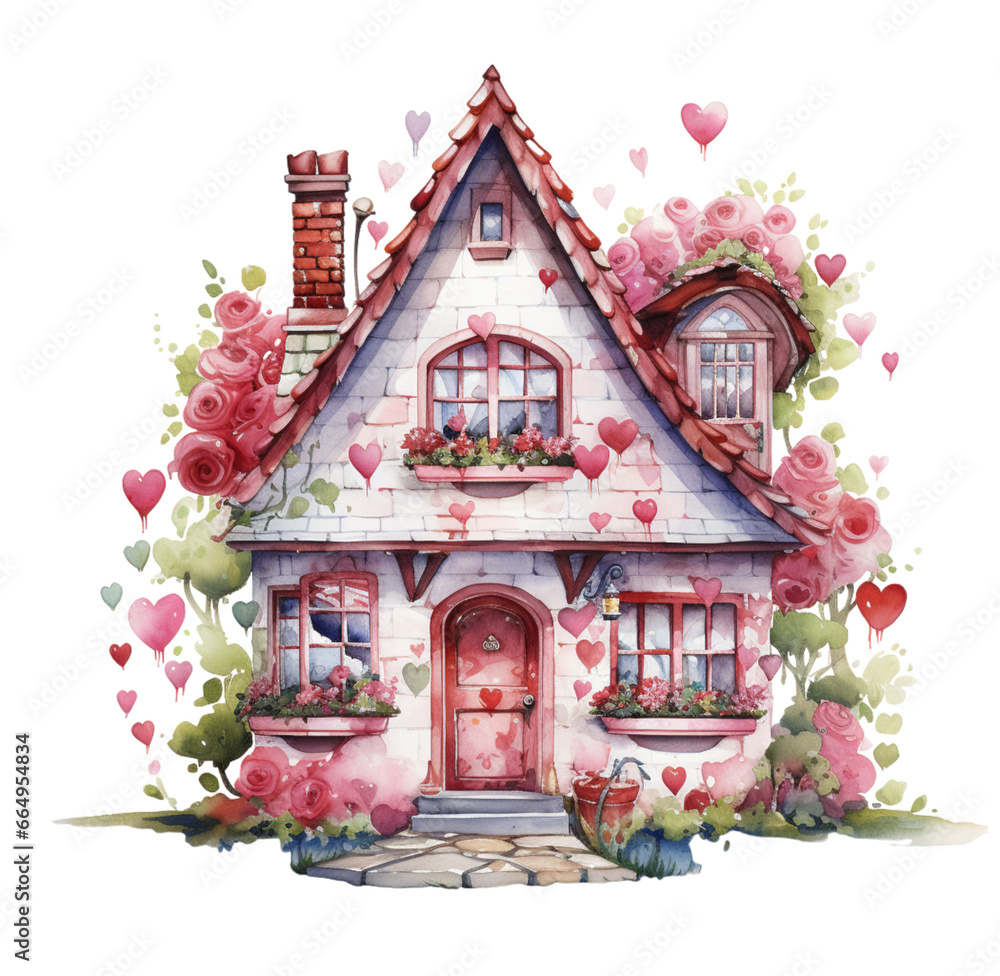 Watercolor valentines day house with hearts. Generative AI, png image.