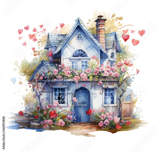 Watercolor valentines day house with hearts. Generative AI, png image. © Julia 