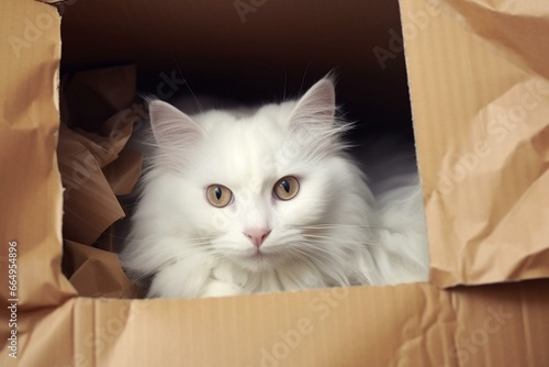 A white cat sitting in a box with its head poking out, surrounded by crumpled paper. Generative AI