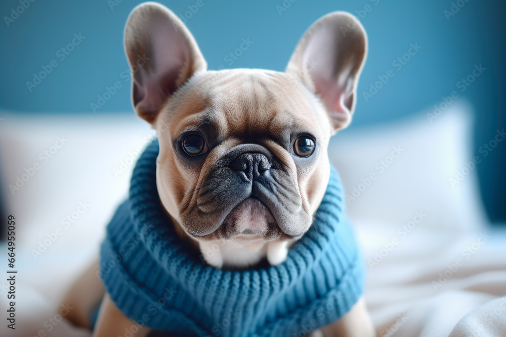 Cute French Bulldog in a blue sweater on the bed.