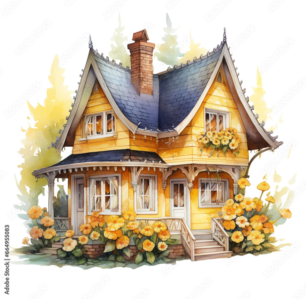 Watercolor yellow house with flowers. Generative AI, png image.