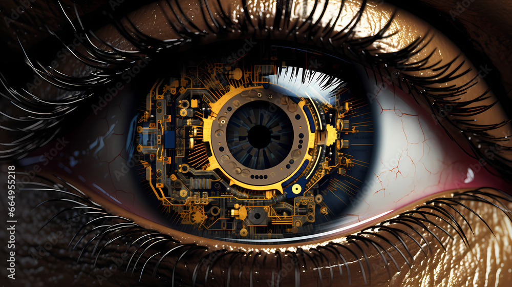 Close up of human with robot eye, augmented reality