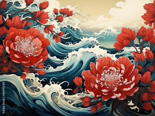 Beautiful Flower and Wave Background with Hokusai Art Style