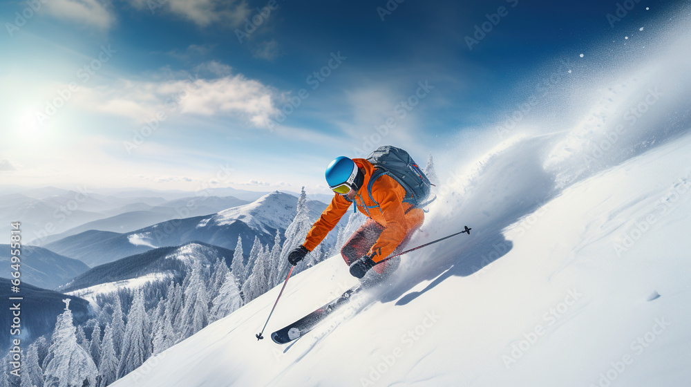 Graceful Skier Descending a Snowy Mountain