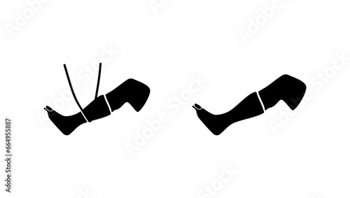 broken leg in a cast, set of black isolated silhouettes