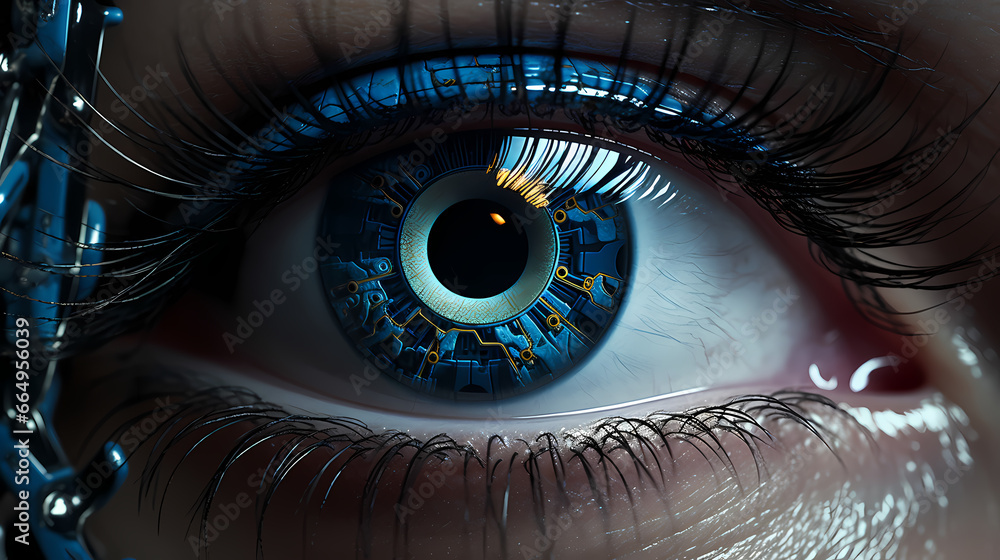 Close up of human with robot eye, augmented reality