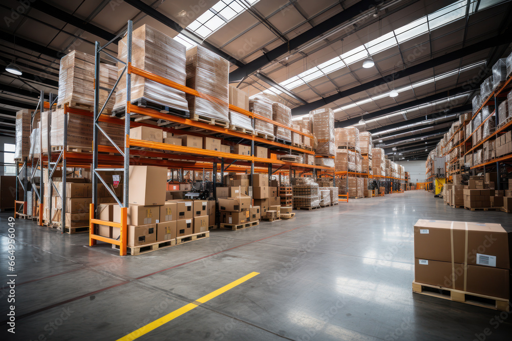 Retail warehouse with shelves on which are cardboard boxes, a store warehouse or a sorting room for product delivery Retail warehouse with shelves on which are cardboard boxes, a store warehouse or a sorting room for product delivery