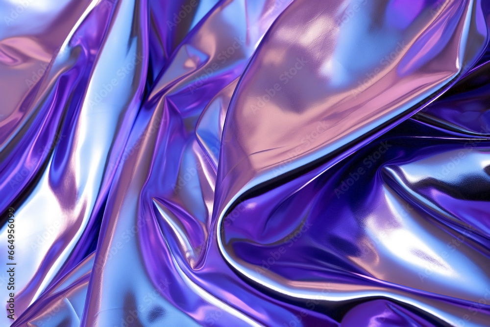 Silver, purple and dark blue iridescent holographic surface shining. Futuristic twisted and crumpled aluminum foil made of liquid metal with color gradients. - obrazy, fototapety, plakaty 