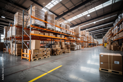 Retail warehouse with shelves on which are cardboard boxes, a store warehouse or a sorting room for product delivery © pundapanda
