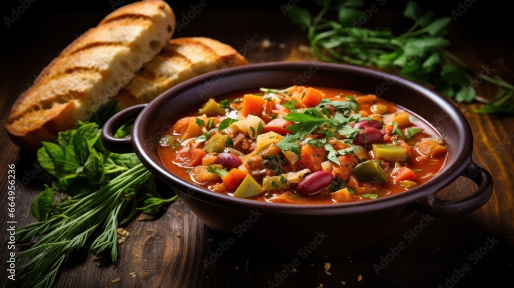 Bowl of minestrone soup with bread.