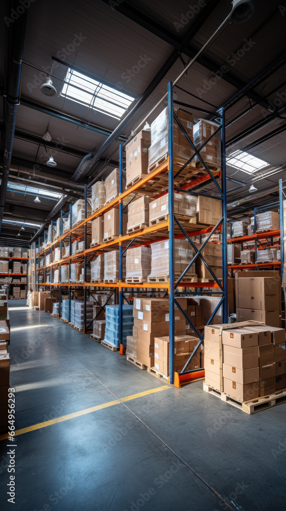 Retail warehouse with shelves on which are cardboard boxes, a store warehouse or a sorting room for product delivery Retail warehouse with shelves on which are cardboard boxes, a store warehouse or a sorting room for product delivery
