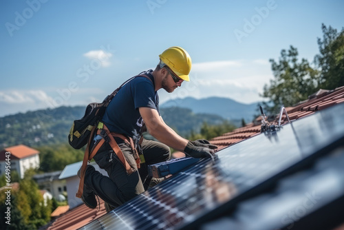 Workers install solar panels on the roof of the house, eco energy, green technologies, sustainable resources