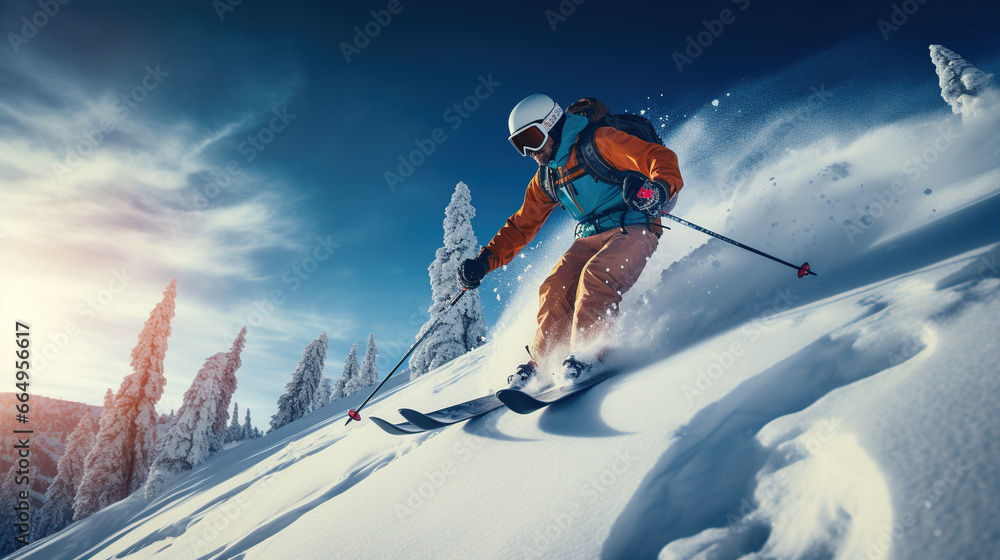 Graceful Skier Descending a Snowy Mountain