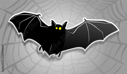 Bat on a background of cobwebs. Sticker. Print design. Cute Halloween bat vampire icon.