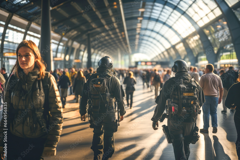 Two police officers from the special anti-terrorist corps patrol a train station to ensure the safety of the population from a possible terrorist attack. Increase of the attack alert level.