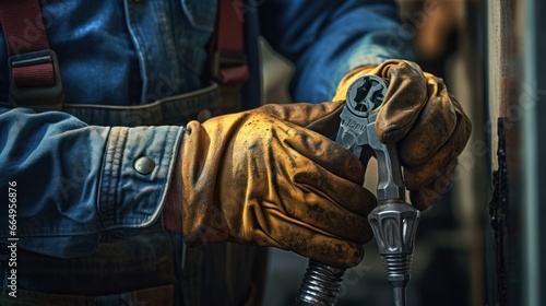 A man's hand, clad in a protective glove, expertly operates a wrench on a pipe.