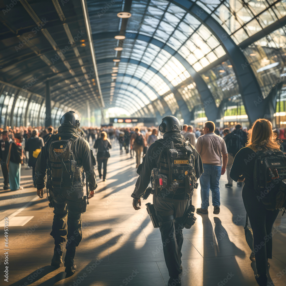 Two police officers of the special anti-terrorist corps patrol at a train station. Increase of the attack alert level. Crowded train station with two policemen seen from behind.