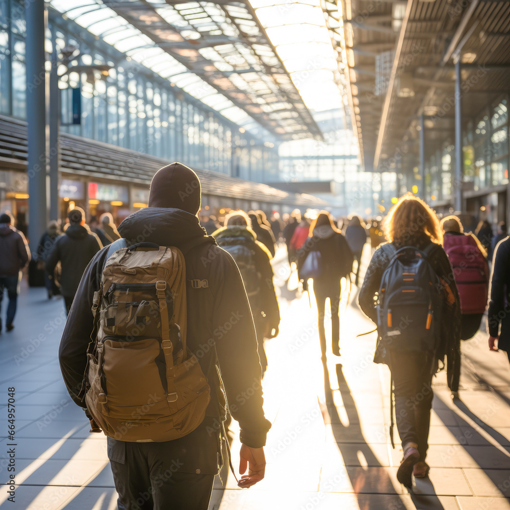 Man with a backpack, he is walking in a crowded place, it can be a train station, bus station or shopping mall. Transit in a crowded place of a person with a backpack seen from behind. He has a cap