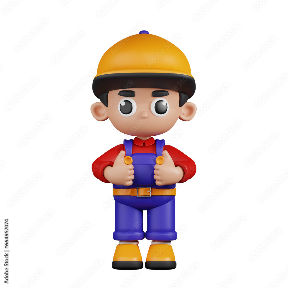 3d Character Mechanic Showing Thumbs Up Pose. 3d render isolated on transparent backdrop. 3d Character Mechanic Showing Thumbs Up Pose. 3d render isolated on transparent backdrop.