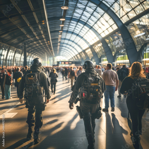 Obraz na płótnie Two police officers of the special anti-terrorist corps patrol at a train station. Increase of the attack alert level. Crowded train station with two policemen seen from behind. w salonie