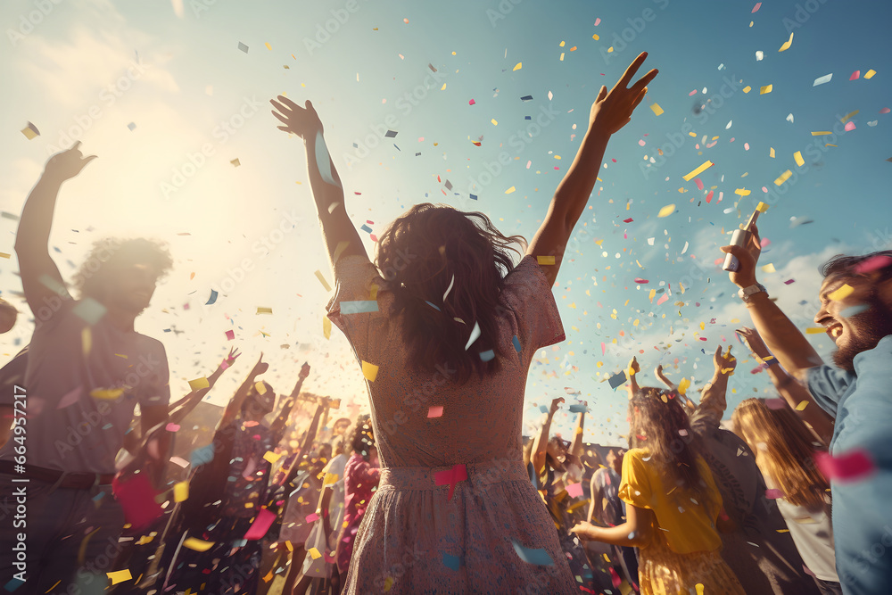 A group of people are celebrating with confetti and music, enjoying outdoor party setting on a sunny day. - obrazy, fototapety, plakaty 