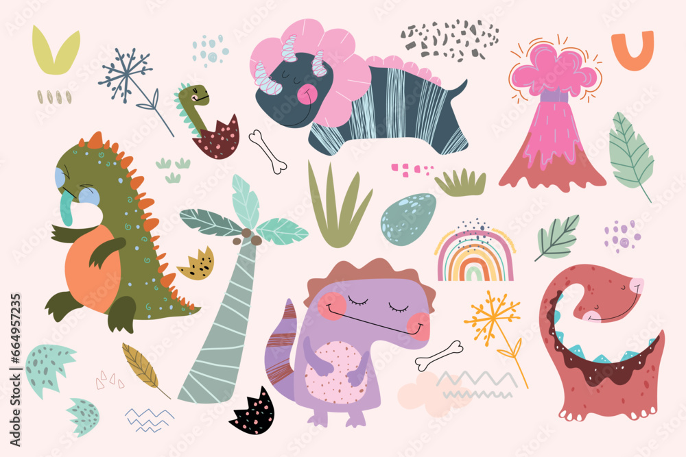 Naklejka premium Set of four cute dino in pastel colors, plants, volcano, rainbows, spots. Colorful stickers, vector illustration.Doodle 