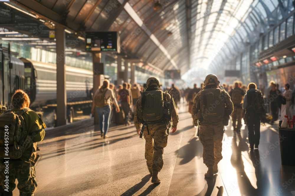Two military personnel patrol at an airport. Increased attack alert level. crowded airport with some military seen from behind to ensure security in case of terrorist attack. Train station en the USA