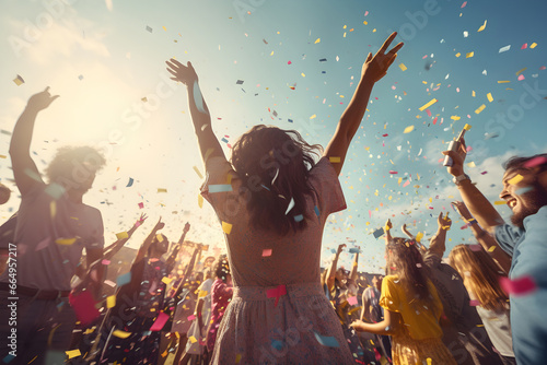 A group of people are celebrating with confetti and music, enjoying outdoor party setting on a sunny day. photo