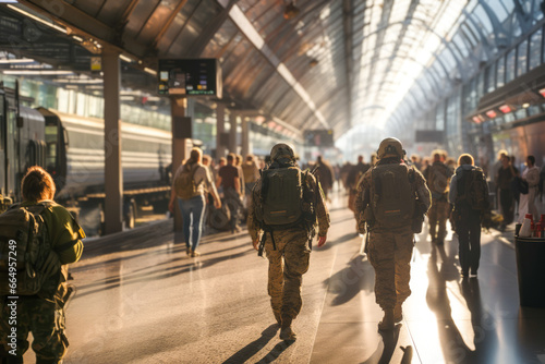 Obraz na płótnie Two military personnel patrol at an airport. Increased attack alert level. crowded airport with some military seen from behind to ensure security in case of terrorist attack. Train station en the USA w salonie