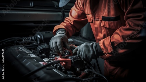 A car mechanic's gloved hands, prepared to recharge a dead battery using booster jumper cables in the garage. © sopiangraphics