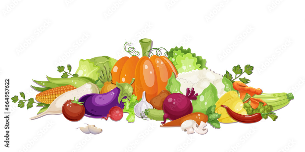 Various fresh vegetables. Healthy vegetarian food. Collection of pepper, pumpkin, carrot, mushroom, tomato, potato, corn, plants. Vitamin diet, autumn harvest. White background. Vector illustration Various fresh vegetables. Healthy vegetarian food. Collection of pepper, pumpkin, carrot, mushroom, tomato, potato, corn, plants. Vitamin diet, autumn harvest. White background. Vector illustration