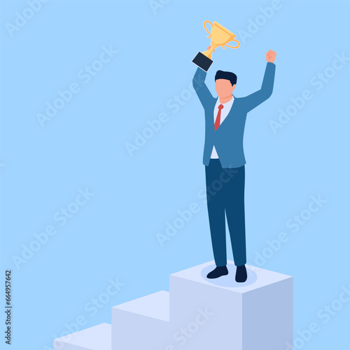 People pose to win championships and hold up fake trophies, a metaphor for flaunting wealth for Ponzi. Simple flat conceptual illustration.