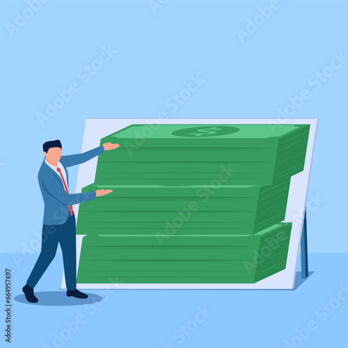 People pose in front of counterfeit money posters, a metaphor for flaunting wealth for ponzi. Simple flat conceptual illustration.