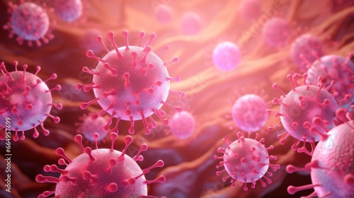 A 3D illustration of rabies virus cells  presented on a vibrant pink background.