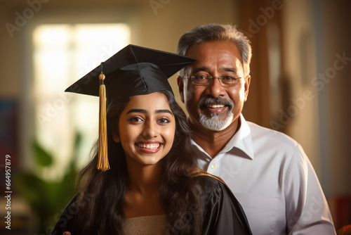 Happy graduation student with her father celebrating at home.